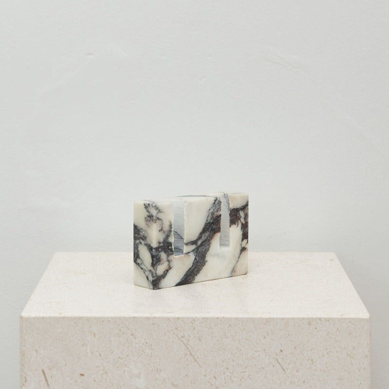 White marble dual candle holder side view