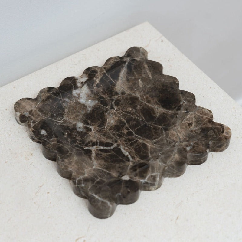 House of 9 Iris Scalloped Marble Tray Brown Emperador Dark